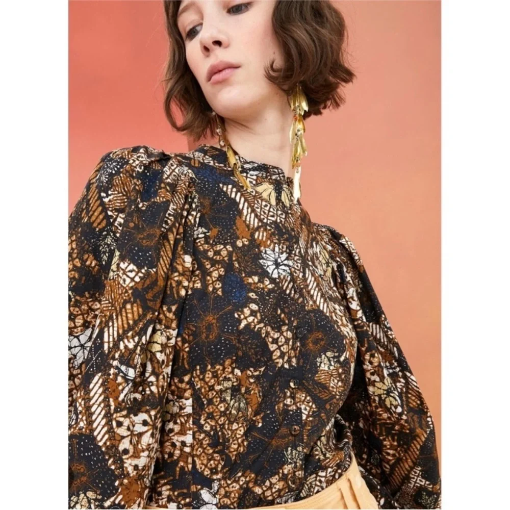 Ulla Johnson Prudence Blouse Bronze Floral Size 2 Puff Sleeves Neutral Top Shirt